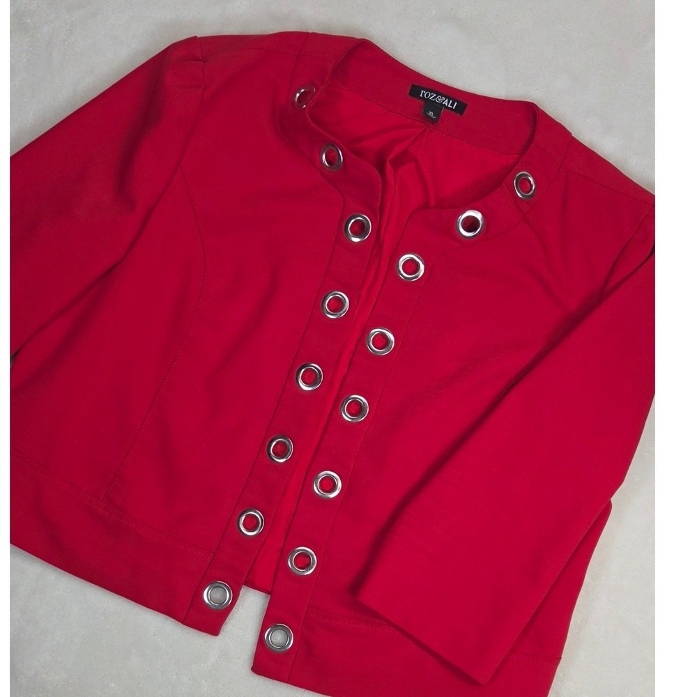 Roz & Ali Red Cropped Open Front Jacket Womens XL 3/4 Sleeve Silvertone Grommet